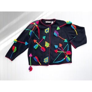 vtg Michael Simon bows and arrows‎ embroidered black cardigan sweater